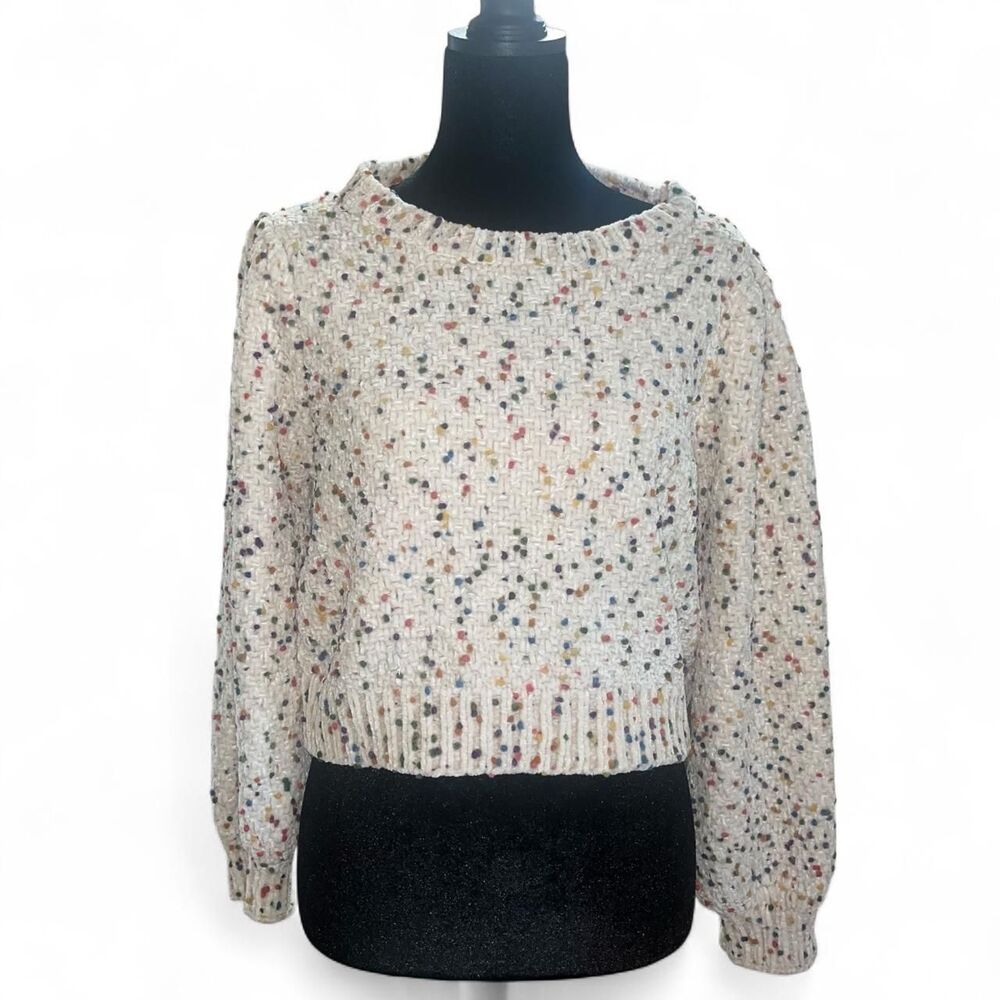 Women's Cream and Multicolored Knit Sweater with Mini Pom Poms SZ L
